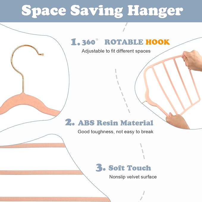 Tinfol Velvet Pants Hanger Space Saving with Hook, 6pc 4 Layers Non-Slip Jeans Hangers, Pink Multiple Clothes Hangers Closet Storage Organizer forJeans Scarf Towels Tie Towel - Image 3