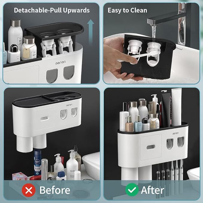 Toothbrush Holders Wall Mounted, Toothbrush Holder with Automatic Toothpaste Dispensers, 6 Brush Slots, 2 Magnetic Cups,1 Cosmetic Drawer Organizer and 1 Large Storage Tray - Image 6