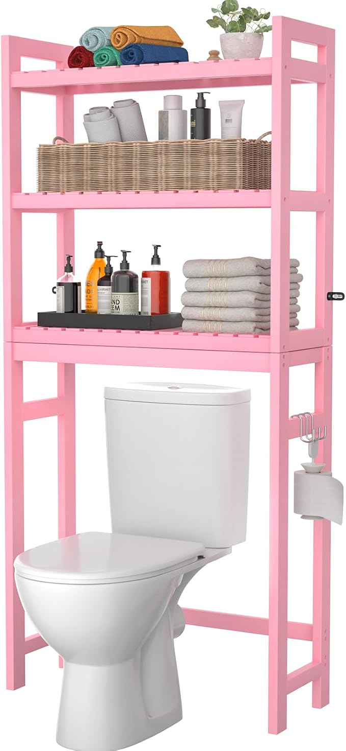 Homykic Over The Toilet Storage, 3-Tier Bamboo Bathroom Shelf, Pink by Homykic