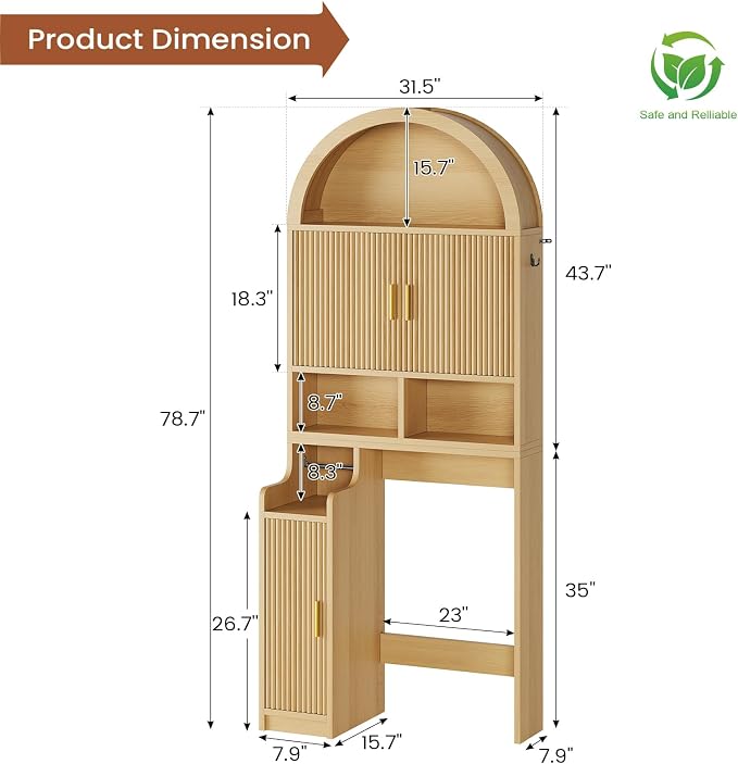 Itaar Arched Over The Toilet Storage Cabinet, 78.7" H Fluted Bathroom Organizer with Reversible Side Cabinet, Adjustable Shelves, Anti-Tipping, Hooks & Paper Holder for Bathroom Laundry Room, Oak - Image 2