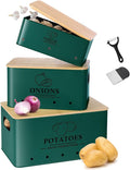 Kitchen Vegetable Storage Set of 3, Metal Onion Garlic Potato Storage Set, Kitchen Canisters Vegetable Keeper Containers with Aerating Holes and Bamboo Lid,Alpine Green by Dekosilave