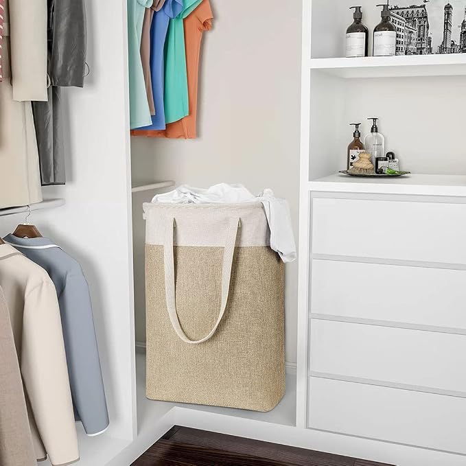 Laundry Basket with Handles Beige&Khaki-Slim Laundry Bin Collapsible Dirty Clothes Basket Narrow Laundry Bag Foldable Dirty Hamper for Camping, Dorms, Apartments - Image 6