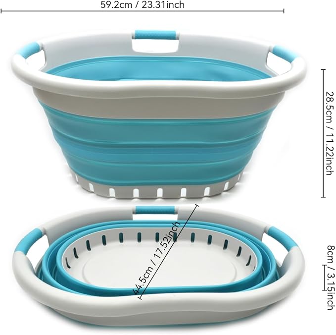 SAMMART 36L (9.5 gallon) Collapsible 3 Handled Plastic Laundry Basket-Foldable Pop Up Storage Container/Organizer-Space Saving Basket (3 handled Oval, Grey/Bright Blue) - Image 2