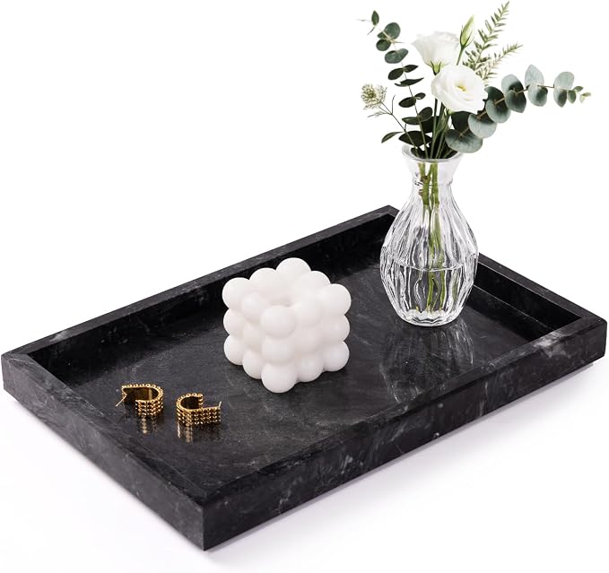Marble Bathroom Tray for Countertop & Home Decor, Natural Decorative Marble Tray for Jewelry & Perfume Organizer, Luxury Stone Vanity Trays for Dresser, Kitchen Counter, 12" x 8", Gray Black by Homaura