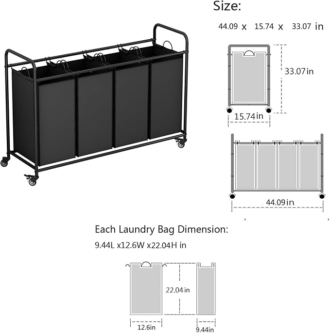 4 Section Laundry Hamper, Black Rolling Laundry Basket, 180L Laundry Sorter - Image 5