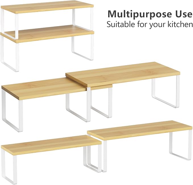 NEX Kitchen Cabinet and Counter Shelf Organizer, Stackable & Expandable, Set of 4, White and Natural - 7.7 x 15.6 x 6.2'' - Image 4