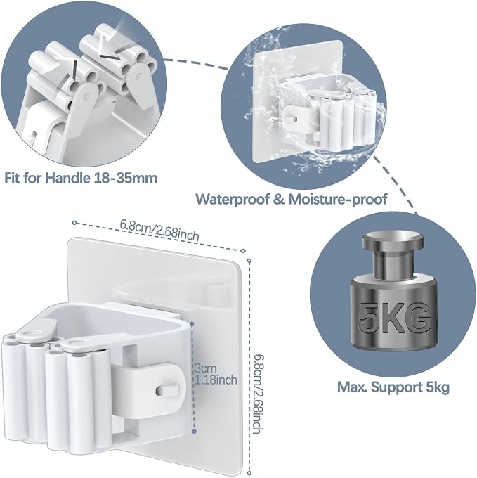 3-H 24-Pack Self Adhesive Broom Holder Wall Mount - Heavy Duty No Drill Broom Organizer for Garage Closet Kitchen, Plastic Storage Rack for Brooms Mops Tools, Peel and Stick Adhesive, White - Image 2