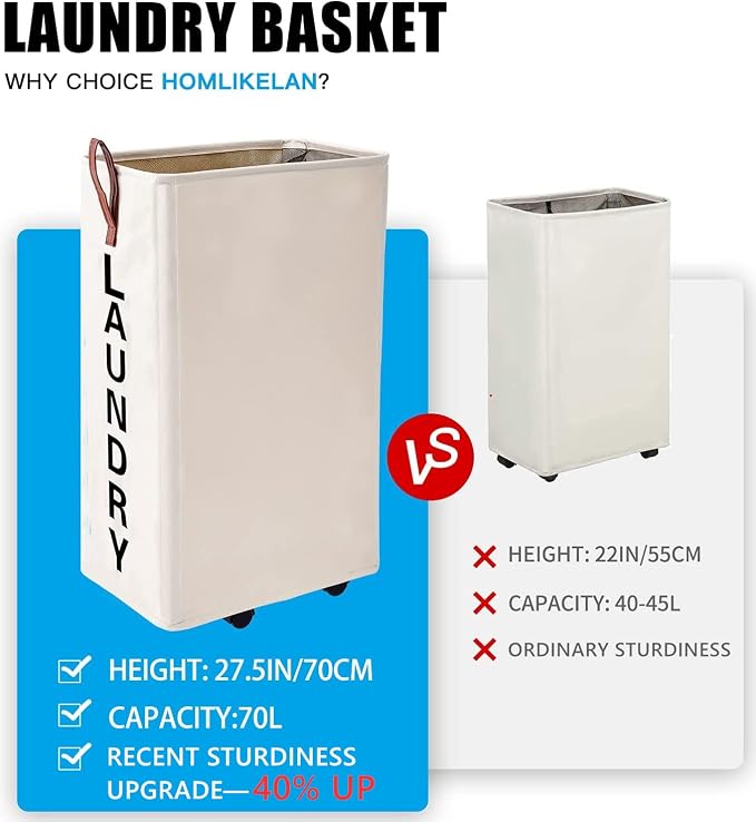 70L Large Rolling Laundry Hamper - Tall Narrow Basket With Wheels, Slim Clothes Bin, 27.5" Beige - Image 2