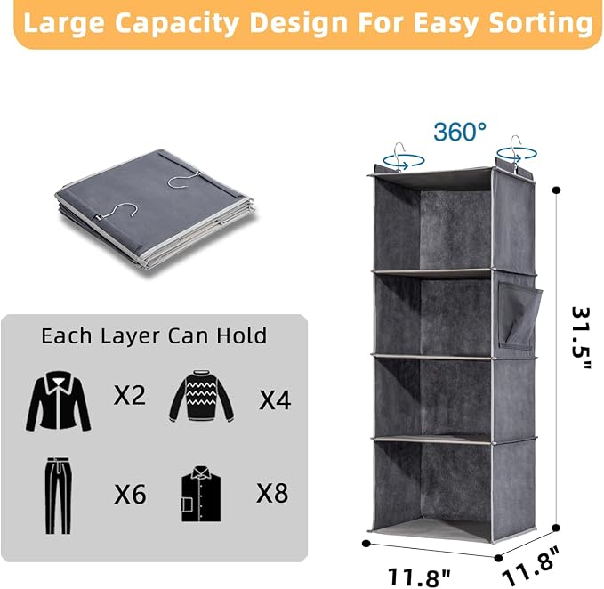 2 Packs Hanging Closet Organizer, 4-Shelf Closet Organizers and Storage with Side Pockets, Collapsible Hanging Shelves for Closet & RV & College Dorm,Grey - Image 2