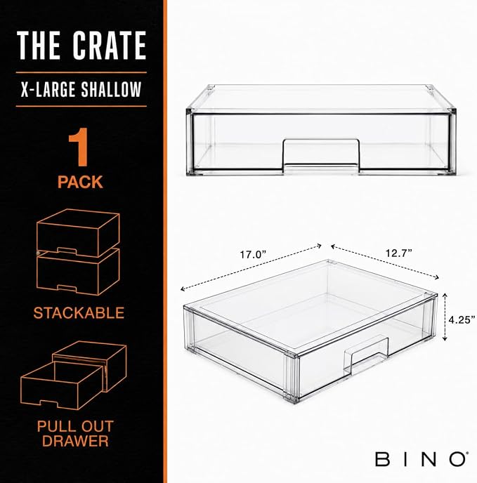 BINO | Stackable Storage Drawers, Shallow X-Large - Clear | THE CRATE COLLECTION | Storage Bins With Drawers Bathroom Organizers and Storage Organization and Storage Under Sink Organizer Vanity Home - Image 2