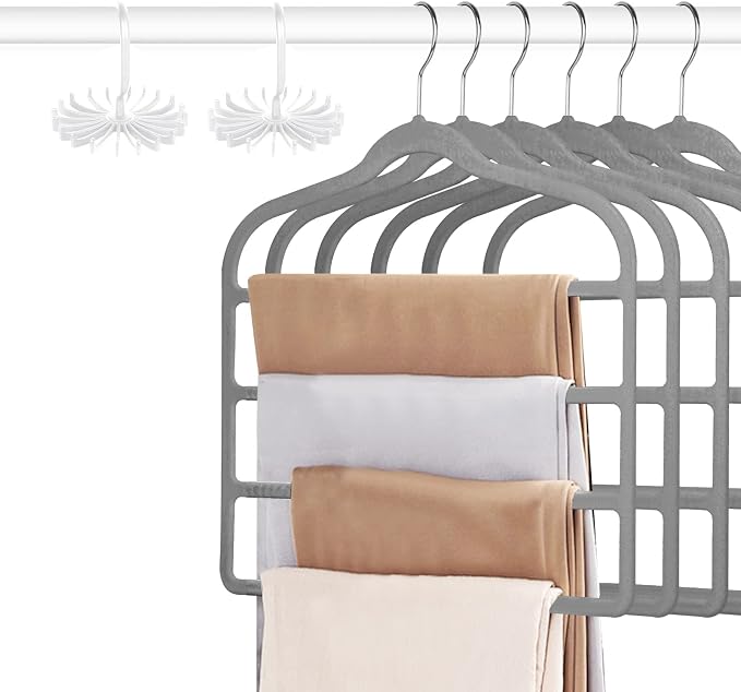 Tinfol 6pc Velvet Pant Hangers - Gray Space Saving Non-Silp Hangers, Jeans Slack Trousers Hanger, Multi Layer Clothes Hanger Closet Organizer for Clothes by Tinfol