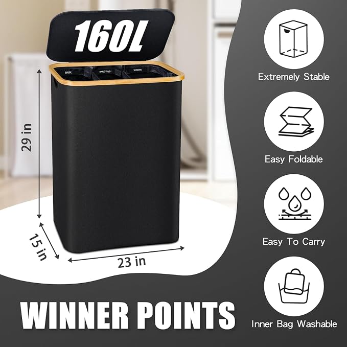Hampers for Laundry Basket with Lid, 160L Large Laundry Hamper 3 Section - Image 6