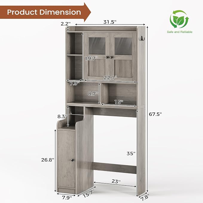 Itaar Over The Toilet Storage Cabinet, Over Toilet Bathroom Organizer with Glass Doors & Toilet Paper Holder Stand, Home Space-Saving Toilet Rack, for Bathroom, Restroom, Laundry, Grey - Image 2