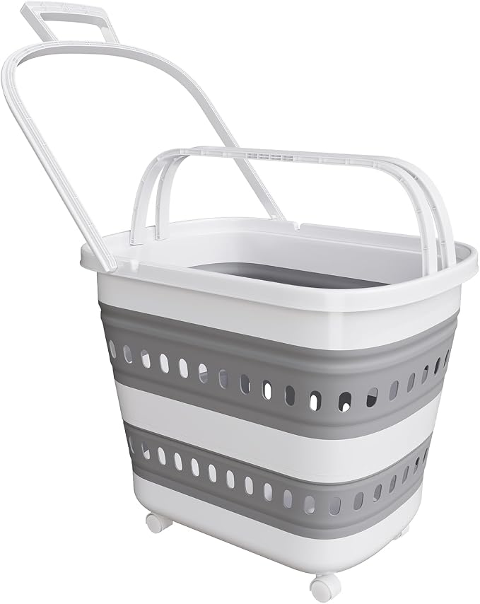 Collapsible Plastic Rolling Laundry Basket Hamper with Wheels, 45L Portable Rubber Clothes Basket, Pop Up Storage Container/Organizer for Washing & Storage, Grey by TECHMILLY