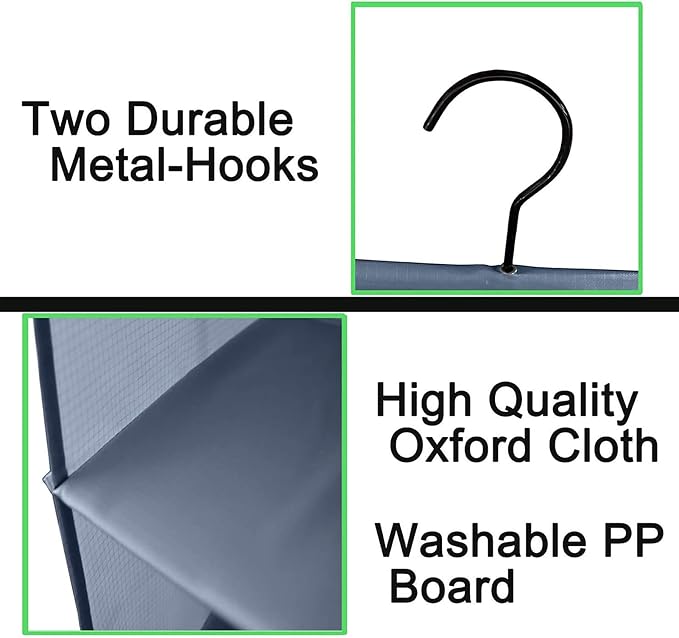 Hanging Closet Organizer 3-Shelf, Oxford Fabric Wardrobe Storage, Gray | Easy-mount foldable design holds clothes, handbags, shoes & accessories; washable Oxford fabric, sturdy and space-saving. - Image 7