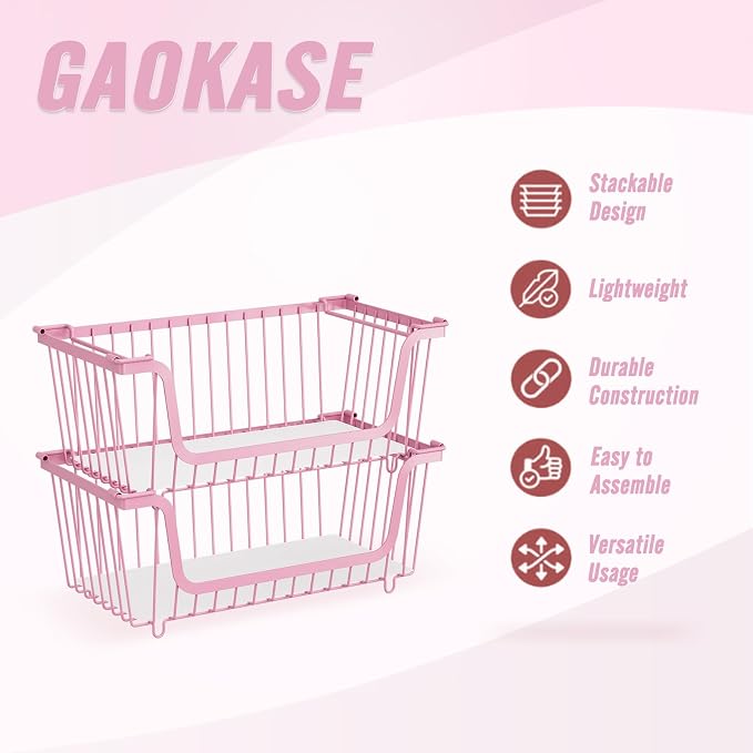 4 Pcs Stackable Wire Baskets for Pantry Organizers and Storage,pink, - Image 8