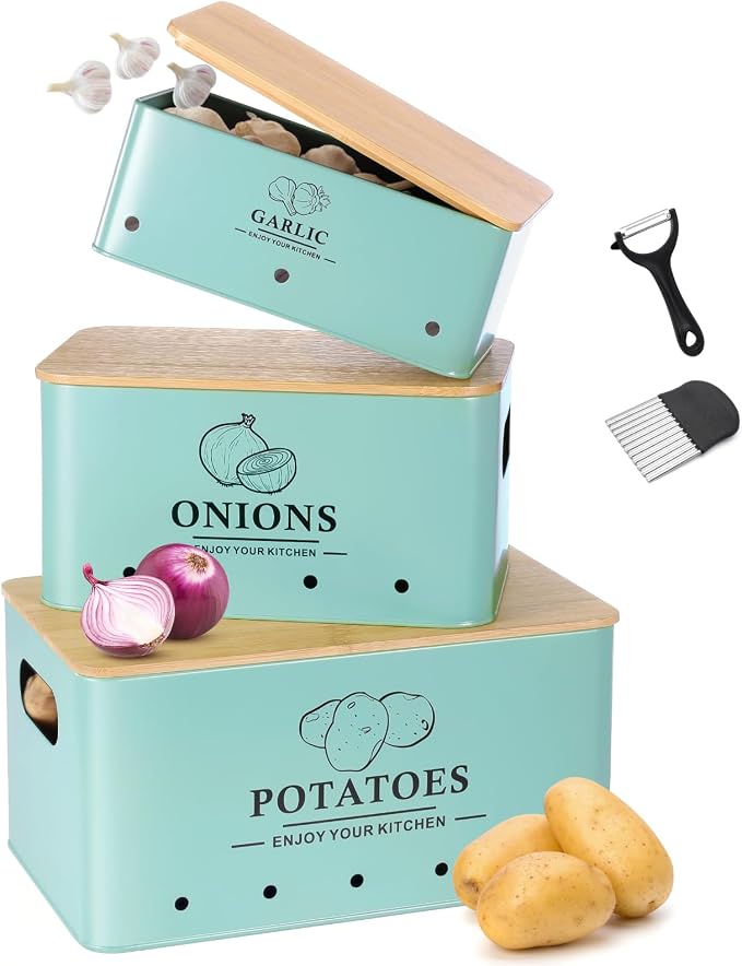 Kitchen Vegetable Storage Set of 3, Metal Onion Garlic Potato Storage Set, Kitchen Canisters Vegetable Keeper Containers with Aerating Holes and Bamboo Lid，Blue by Dekosilave