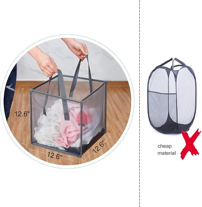 HONOMA Mesh Popup Laundry bags Hamper with Handles,Portable Durable Collapsible Storage Easy Folding Pop-Up Clothes Hampers Basket Foldable for Kids Room College Dorm or Travel (Grey,Single-Layer) - Image 3