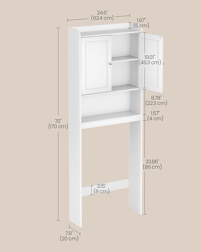 VASAGLE Over the Toilet Storage Cabinet, Doors, Adjustable Shelves, 24.6''W - Image 5