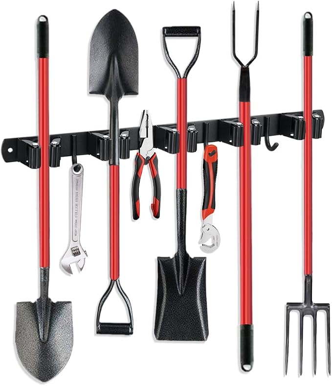 JAMEND CLXP Broom Hanger and Mop Holder, Heavy Duty Garden Tool Organizer Rack Rake and Shovel Handle, Stainless Steel Wall Mounted Utility Rack with Screws (5 Racks with 4 Hooks, Matte Black). by JAMEND+CLXP