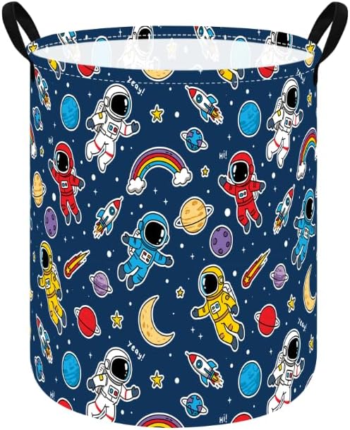 MAIZMZ Kids Storage Bin Astronaut Space Hamper,15.7" D x 19.7" H Waterproof Linen Laundry Basket with Leather Handles for Boys Room, Gifts by Unknown