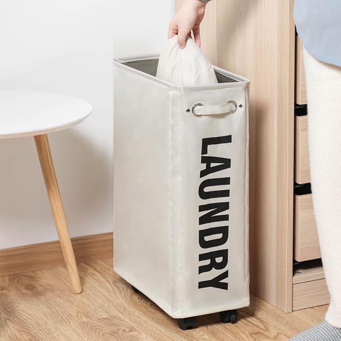 DOKEHOM 25" Slim Rolling Laundry Basket Hamper, Narrow on Wheels, Beige - Image 9