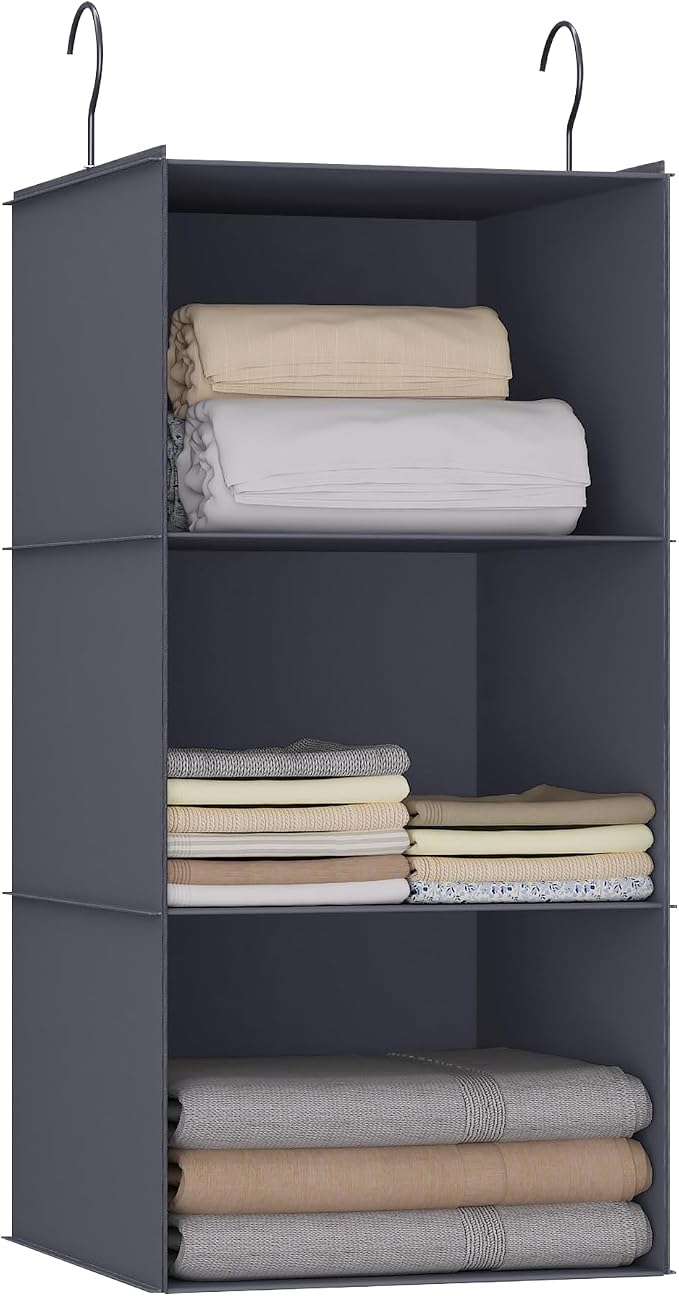Hanging Closet Organizer 3-Shelf, Oxford Fabric Wardrobe Storage, Dark Gray | Easy-mount foldable design holds clothes, handbags, shoes & accessories; washable Oxford fabric, sturdy and space-saving. by DonYeco