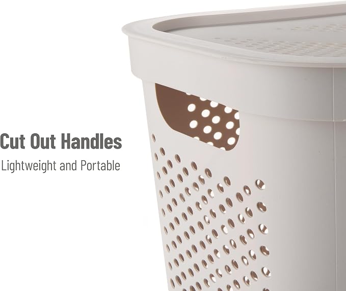 Mind Reader Slim Laundry Hamper with Lid, 60L Clothes Basket, Ventilated Plastic, Ivory - Image 4