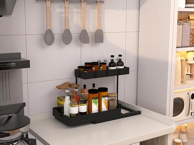 NATURE'S SOURCE 2 Pack Under Sink Organizer 2 Tier Sliding Cabinet Organizers Multi-Purpose Sink Storage Basket L-Shape Narrow Space Storage Shelves with 4 Hook for Kitchen Bathroom Drawer, Black - Image 5