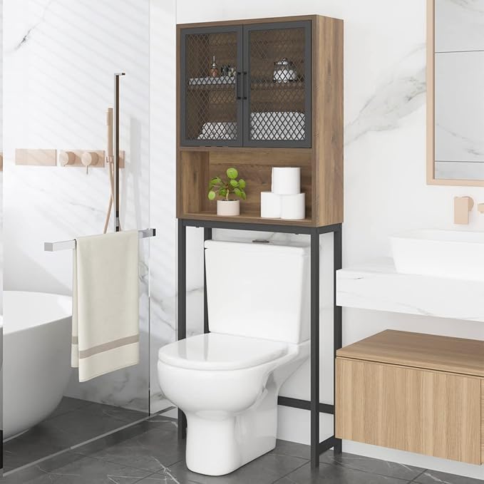 Launica Over the Toilet Storage Cabinet, Over Toilet Bathroom Organizer with Mesh Doors and Shelves, Freestanding Bathroom Storage Cabinet Above Toilet, Wood and Metal, Rustic Oak by LAUNICA