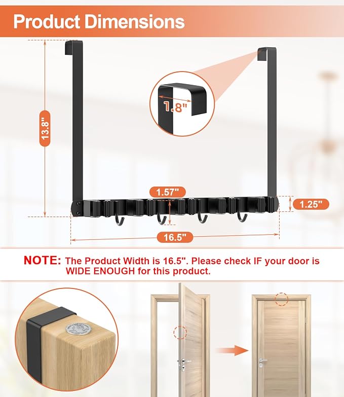 Broom Holder Over The Door with 4 Over Door Hook, Drilling Free Mop - Black - Image 6