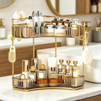 2-Tier Corner Bathroom Counter Organizer，Makeup & Skincare Shelf with Built-in Brush Holder，Space-Saving Bathroom Countertop Organizer for Skincare, Perfume, Cosmetics(Amber) - Image 2