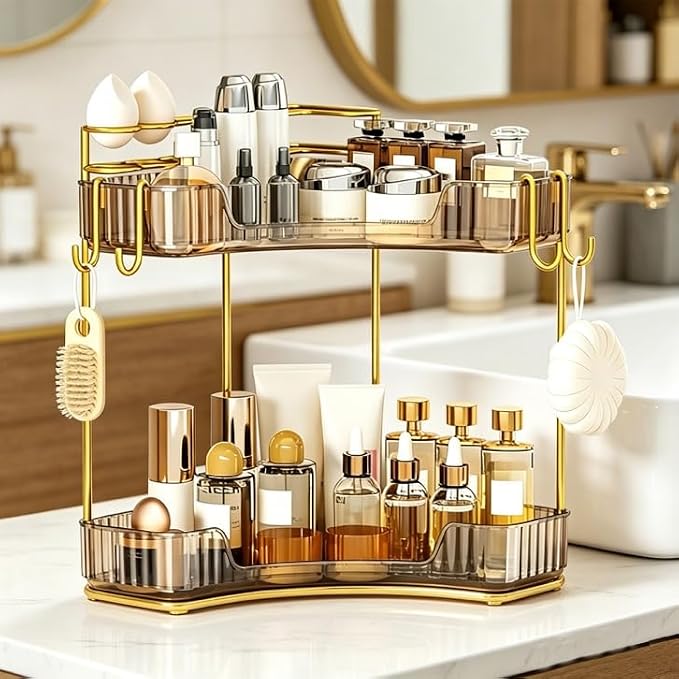 2-Tier Corner Bathroom Counter Organizer，Makeup & Skincare Shelf with Built-in Brush Holder，Space-Saving Bathroom Countertop Organizer for Skincare, Perfume, Cosmetics(Amber) - Image 2
