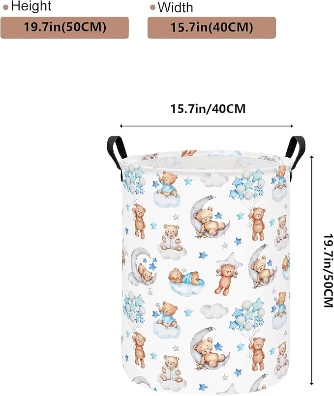 Round Bear Pattern Laundry Hamper, Cotton Canvas Storage Bin - Image 2