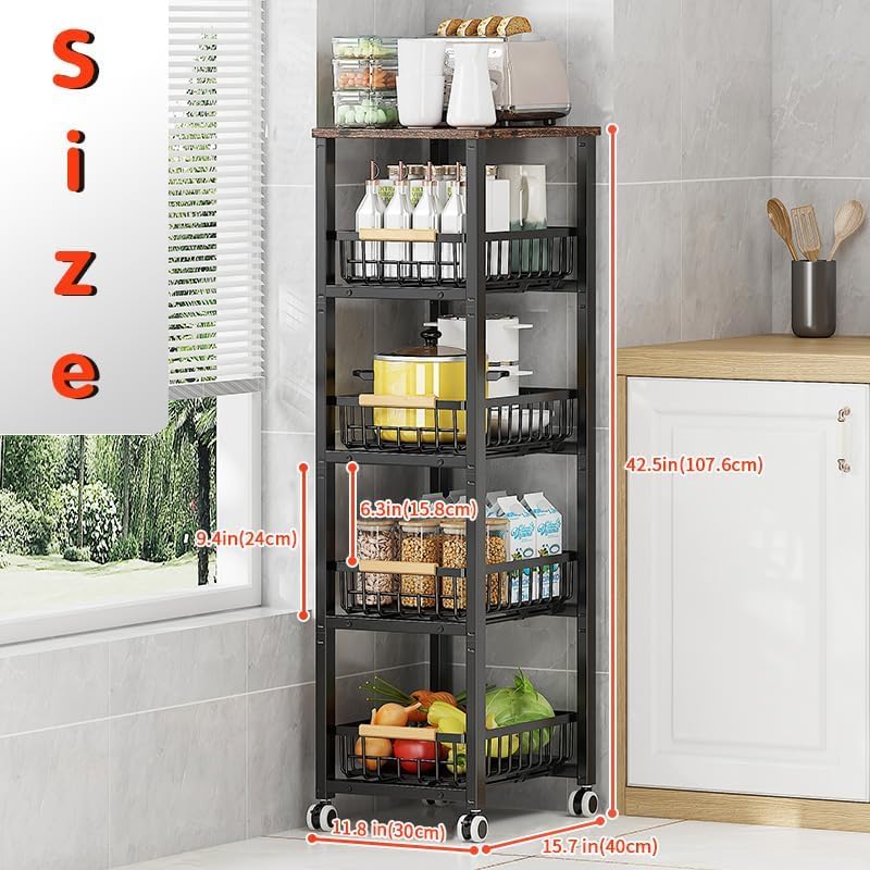 Metal Wire Baskets with Wheels, Stackable Storage Bins Kitchen Organizer Shelf, Multi Layer Fruit Vegetable Cart Dishes Seasonal Rack Freestanding with Pull Out Slide Drawer - Image 3