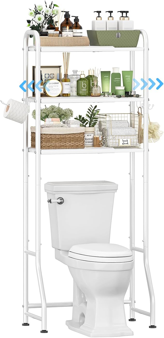 Simple Trending Expandable Over The Toilet Storage Rack, Metal 3 Tier Bathroom Organizer Shelf with Paper Holder and 3 Hooks, White - Image 4
