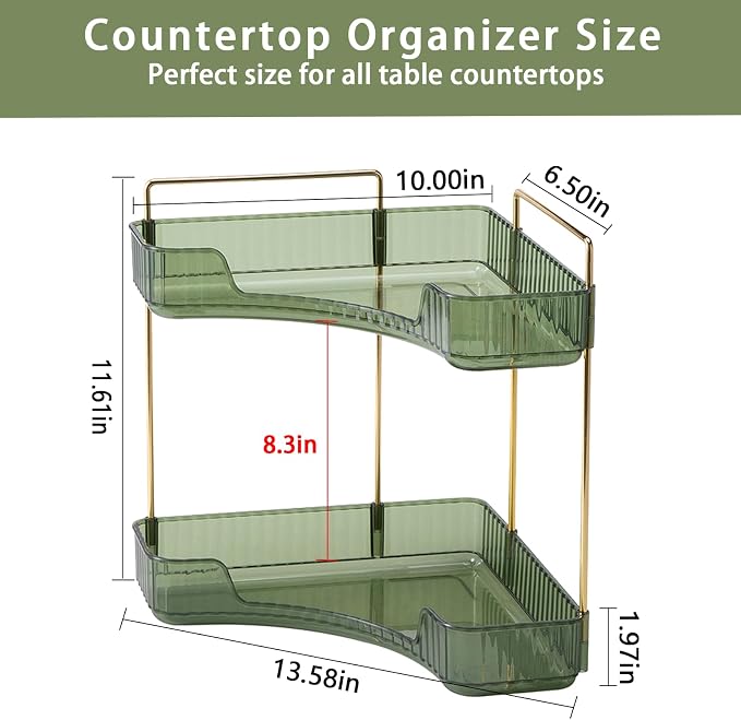 shuang qing 2-Tier Corner Bathroom Counter Organizer – Storage Shelf for Makeup, Perfume & Skincare, Space-Saving Countertop Tray Fits Bathroom, Dresser, Kitchen (Green) - Image 2