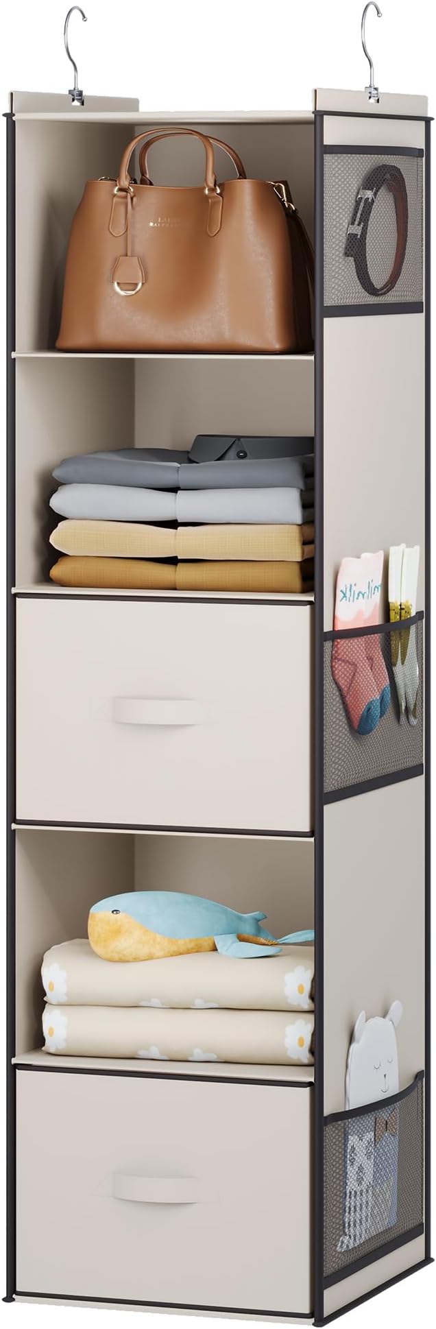 YOUDENOVA Hanging Closet Organizer, Hanging Shelves with Drawers, Beige | Closet Organizers and Storage with 6 side pockets, Foldable Storage for Clothes, Socks, Underwear & More, Breathable Fabric by YOUDENOVA
