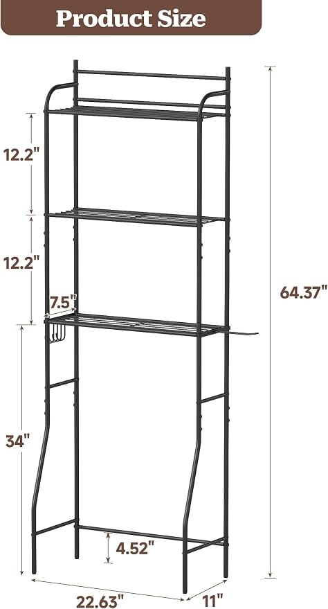3-Tier Over The Toilet Storage, Bathroom Organizer, Space-Saving, Above Toilet Storage Rack with 4 Hooks and Paper Holder, Metal Shelf, Black - Image 2