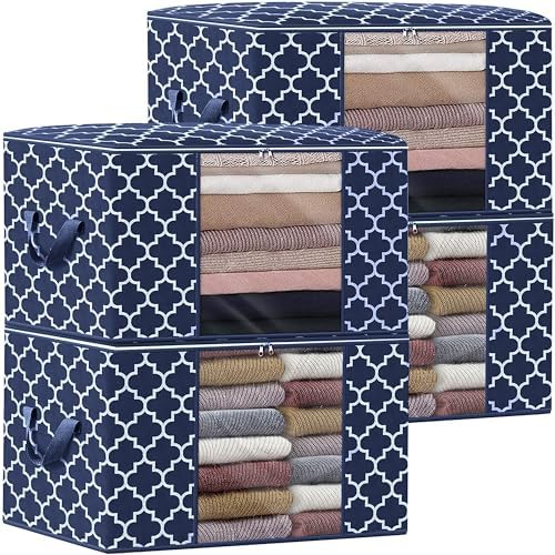 Storage Bags 100L 4Pack Clothes Organization and Storage Containers | Large Blanketfor Bedding, Comforters, Foldable Organizer with Reinforced Handle, Clear Window, Sturdy Zippers, Blue by WiseLife