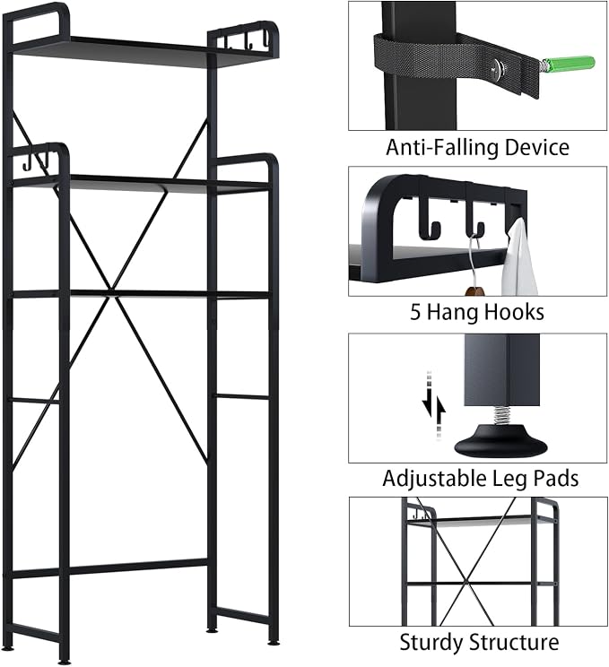 Huhote Over-The-Toilet Storage Rack with 3-Tier Shelves, Space Saver Toilet Shelf, Bathroom Storage Organizer with Hooks for Over-Toilet Storage (Black) - Image 3