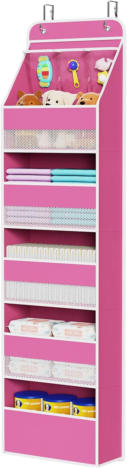 Univivi Fabric Over Door Hanging Organizer for Baby Nursery, Pink, 6-Shelf by Univivi