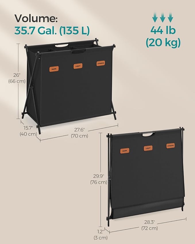 SONGMICS Laundry Hamper, 35.6 Gal. 3 Sections, Collapsible X-Frame - Image 6
