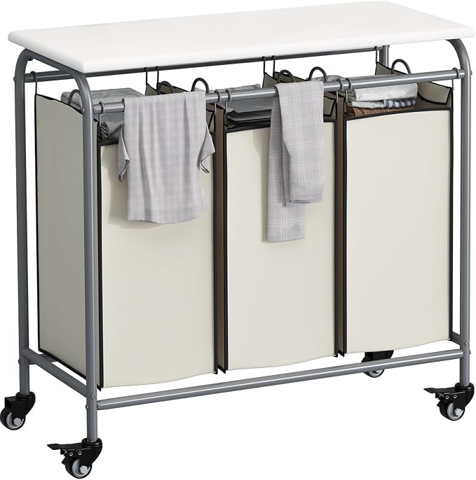 LINZINAR 3-Bag Laundry Hamper with Ironing Board, Beige 135L Laundry Sorter by LINZINAR