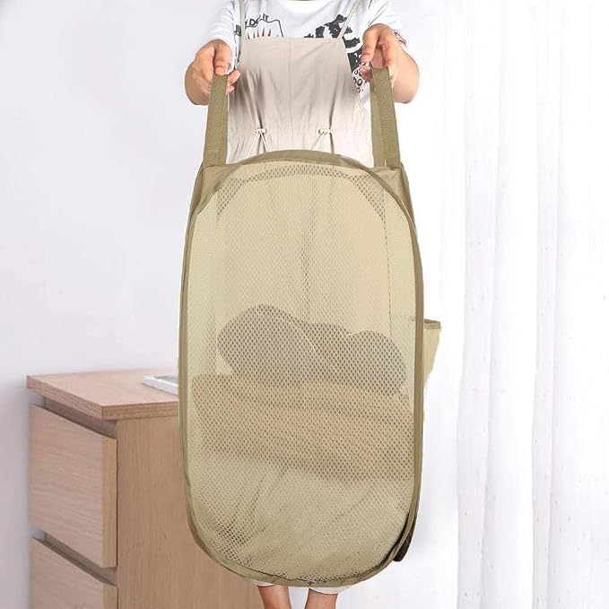 Mesh Popup Laundry Hamper, Foldable Laundry Basket Clothes Hamper for Home, Apartment, College Dorm or Travel, Collapsible for Storage, Beige - Image 7