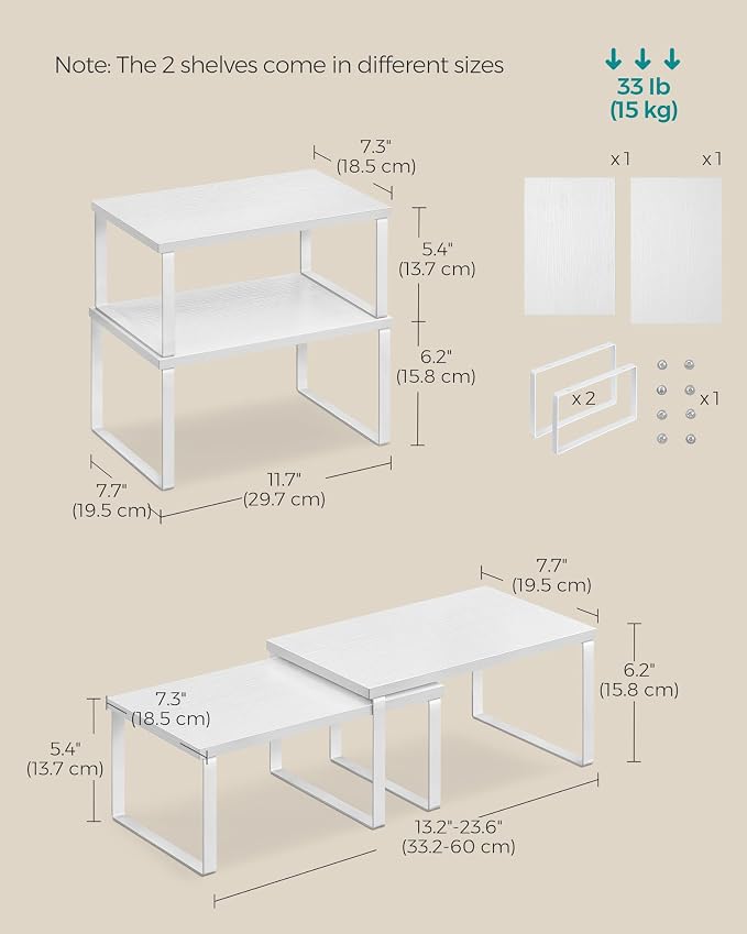 SONGMICS Cabinet Organizer Shelf, Set of 2 Kitchen Counter Shelves, Kitchen Storage, Spice Rack, Stackable, Expandable, Metal and Engineered Wood, Cloud White and Snow White UKCS02W01 (Pack of 2) - Image 5