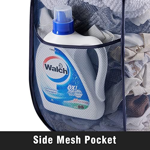 TECHMILLY Collapsible Mesh Pop Up Laundry Hamper with Sturdy Handles and Side Pocket - Portable Foldable Clothes Baskets for Dorm, Bathroom & Travel Storage (with Drawstring, Blue) - Image 5