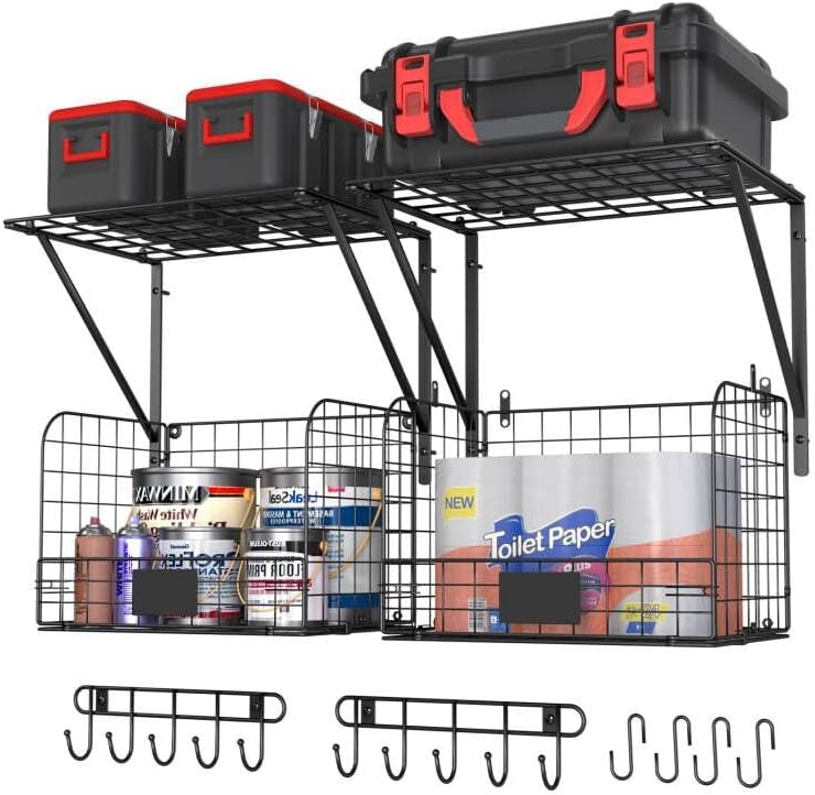 ThreeHio 2 Pack Garage Shelves Wall Mounted with Wire Baskets, Heavy Duty Garage Wall Shelving with Hooks, Wire Shelf Baskets Tool Organizer for Home Garden Garage Organization and Storage by ThreeHio