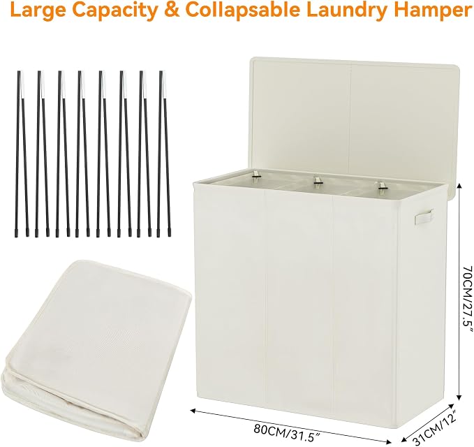 WOWLIVE 180L Laundry Hamper 3 Section, Large Laundry Basket with Lid - Image 5
