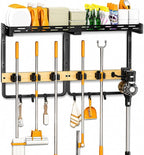 Mop and Broom Holder Wall Mount with Railing Shelf,3-in-1 Cleaning Storage Organizer,Storage Rack with Vacuum holder 5 Grips 6 Hooks for Laundry Utility Garages Closet, by TigerskiTools